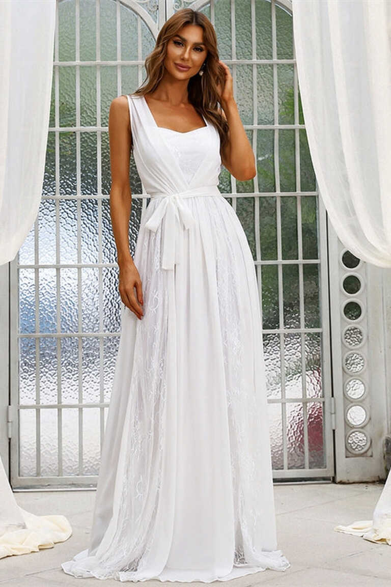 Simple White Chiffon Sleeveless Long Wedding Dress – Dreamdressy