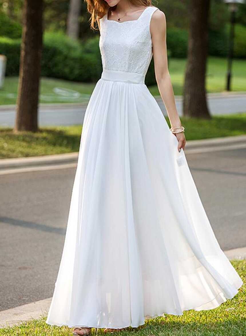 Simple White Chiffon and Lace Long Women Party Dress, Beautiful ...