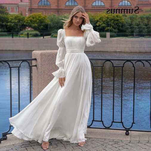 Simple White Wedding Dress Long Sleeve Square Neck Back Lace Up ...