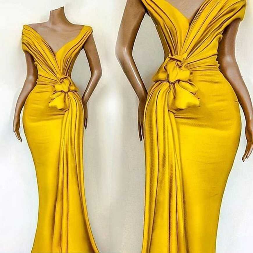 Simple Yellow Evening Dresses Long 2023 V Neck Modest Mermaid ...