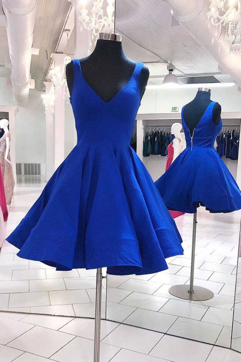 Simple blue v neck short prom dress blue homecoming dress – dresstby