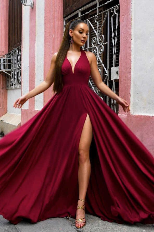 Simple burgundy v neck long prom dress burgundy evening dress ...