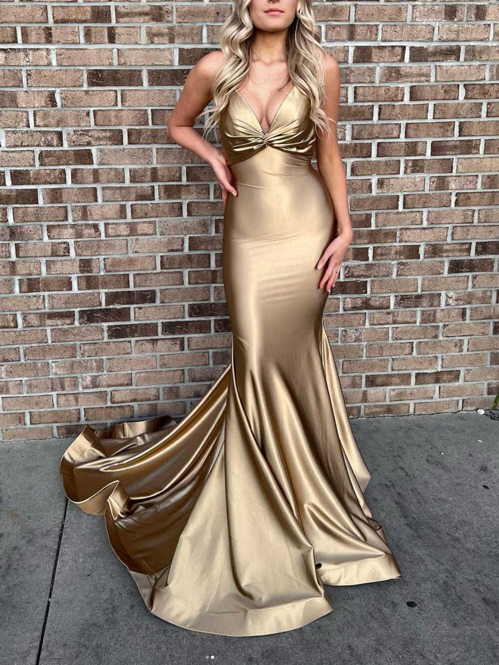 Simple gold satin mermaid long prom dress, gold evening dress ...