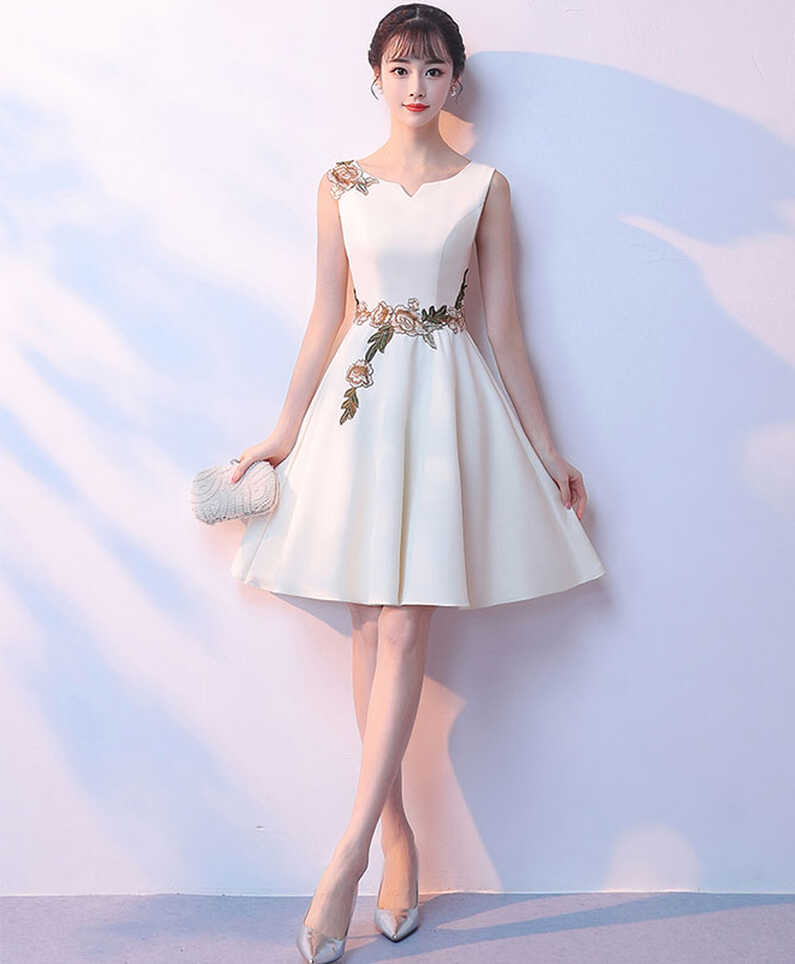 Simple light champagne satin applique short prom dress, cute ...