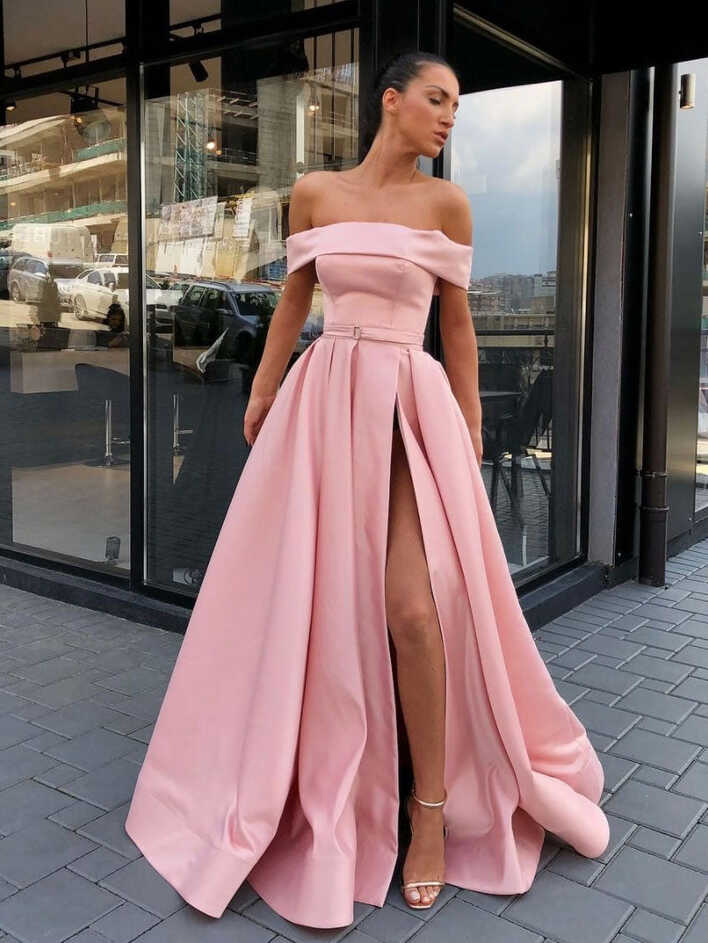 Simple pink off shoulder satin long prom dress, pink evening dress ...