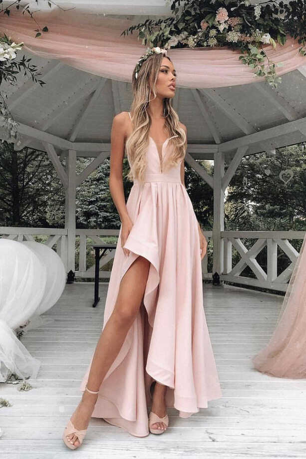 Simple pink satin long prom dress, pink formal dress – dresstby