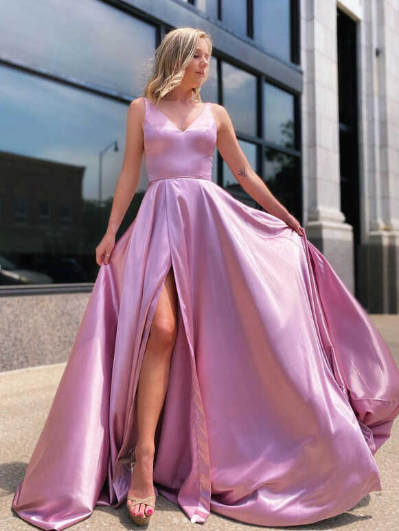 Simple pink satin long prom dress, pink long bridesmaid dress ...