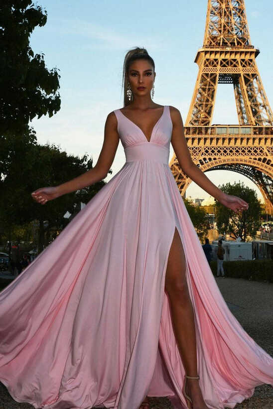 Simple pink v neck satin long prom dress pink evening dress – shdress