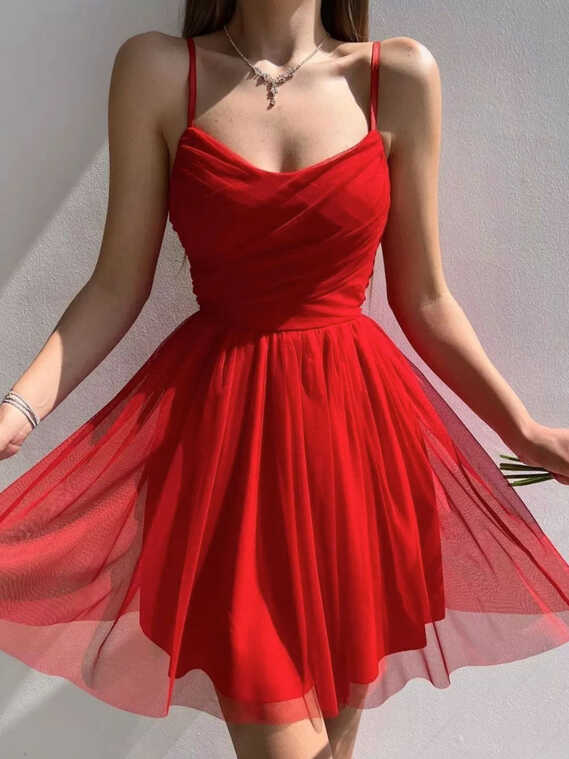 Simple red short prom dress, red tulle formal party dress – dresstby