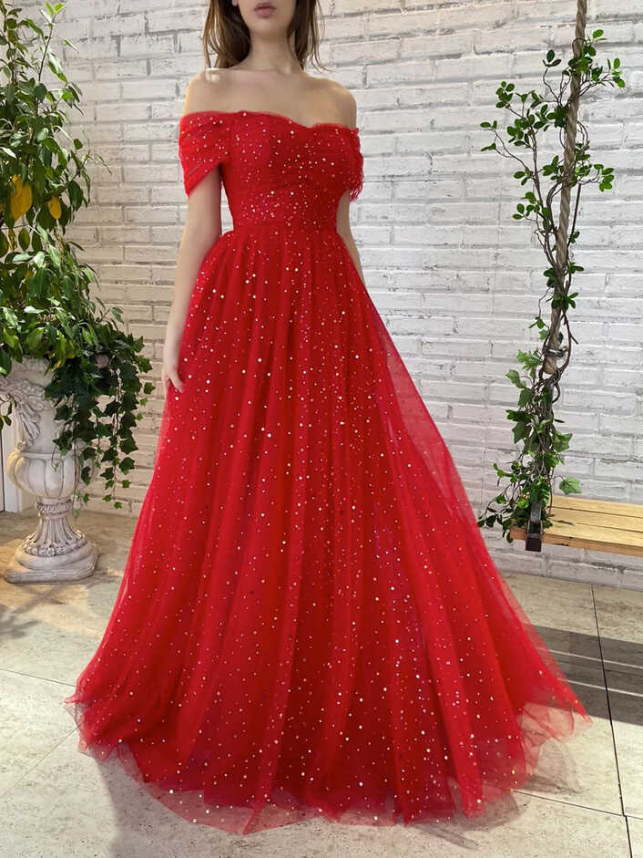 Simple red tulle off shoulder long prom dress, red tulle formal ...