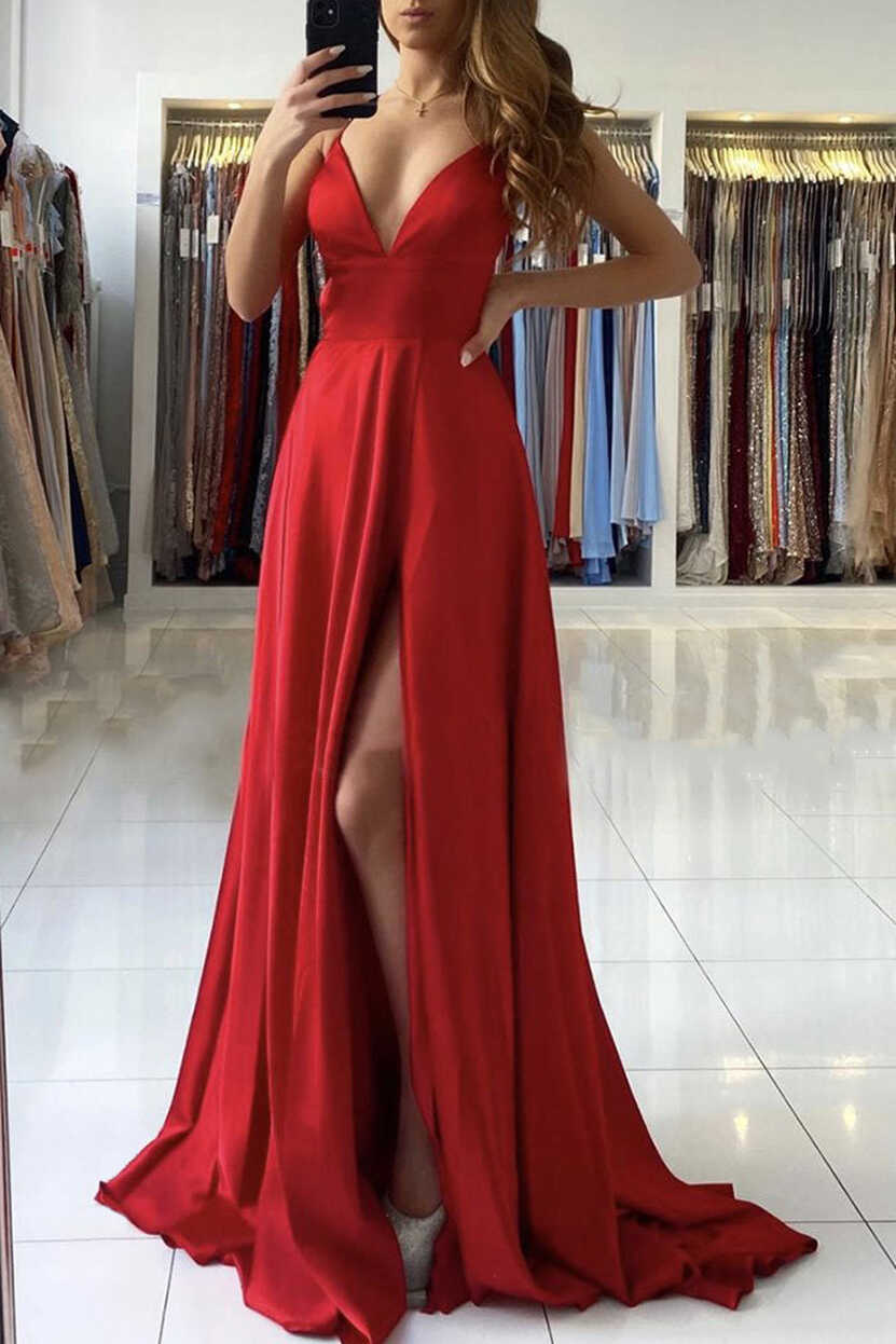 Simple red v neck satin long prom dress red evening dress – shdress