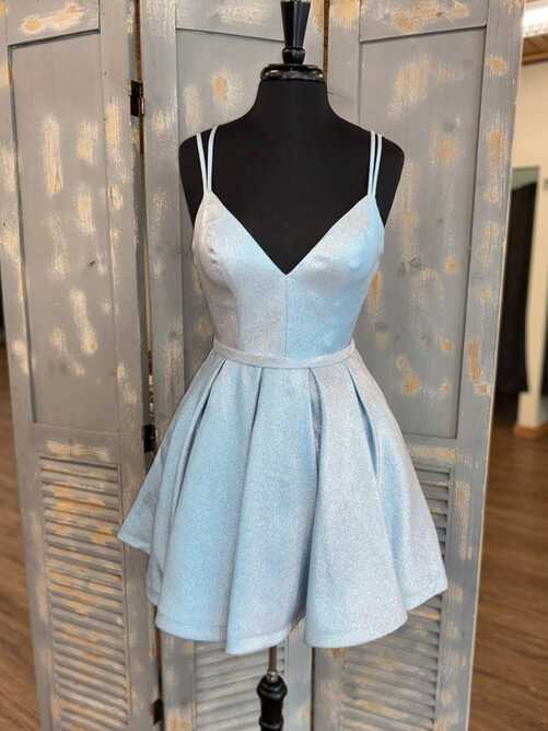 Simple v neck light blue short prom dress, blue homecoming dress ...