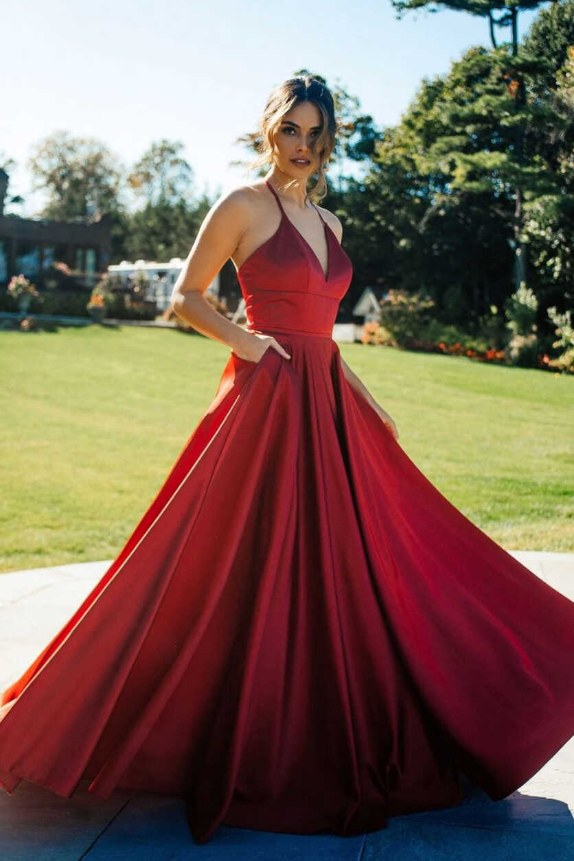 Simple v neck satin long prom dress red evening dress – shdress