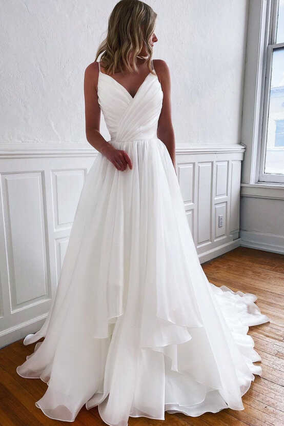 Simple white v neck tulle long prom dress white tulle formal dress ...