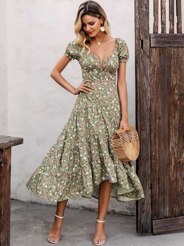 Simplee Notched Neck Ruffle Hem Floral Flowy Dress