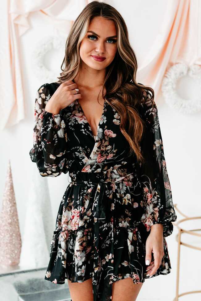 Simply Flourishing Long Sleeve Floral Mini Dress (Black) · NanaMacs