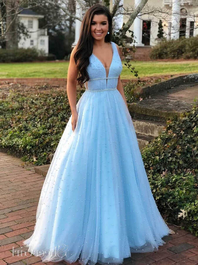 Sky Blue Beaded Long Prom Dresses Pearls Tulle Cute Prom Dress ...