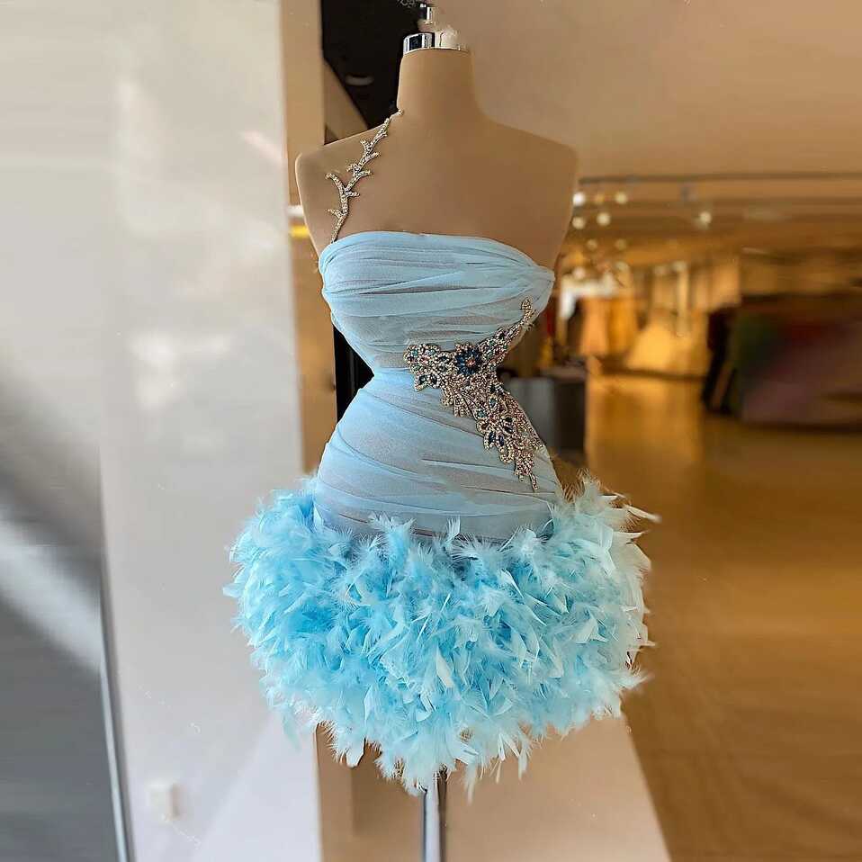 Sky Blue Feathers Short Cocktail Dresses Beaded Crystals Mini Prom ...