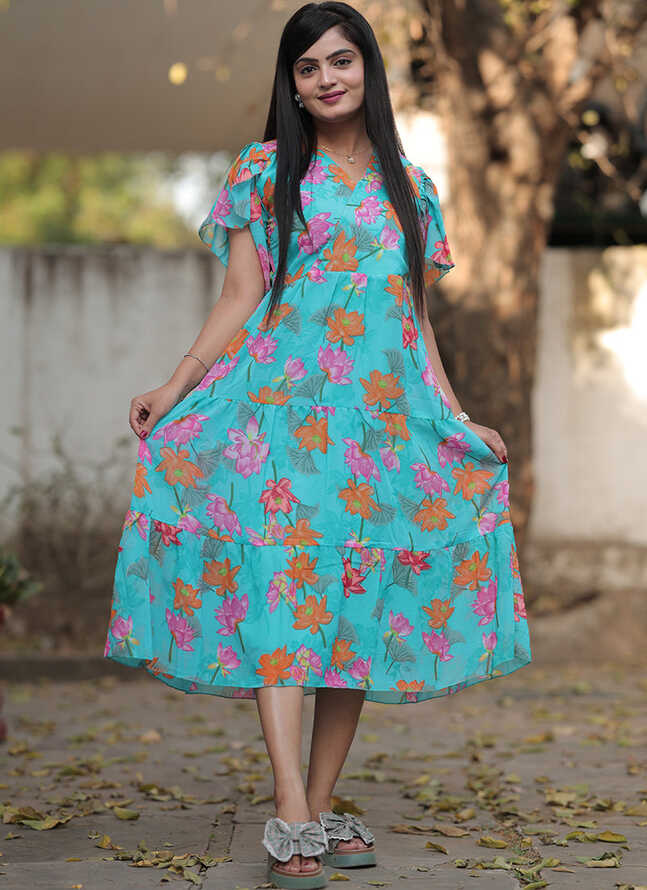 Sky Blue Georgette With Flower Printed Western Midi Dress – Shinisha