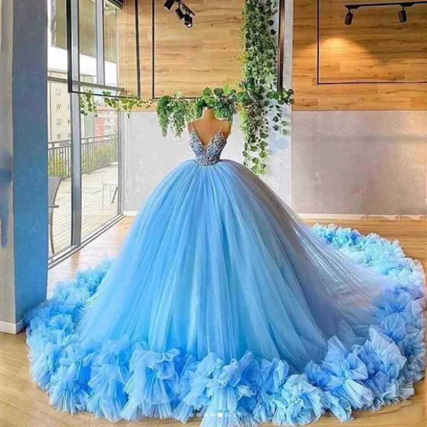 Sky Blue Lace Applique Princess Ball Gown Icy Blue Quinceanera ...