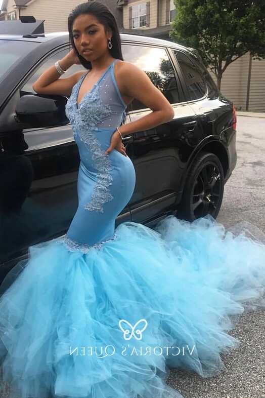 Sky Blue Lace Appliqued Satin and Tulle Prom Dress - VQ