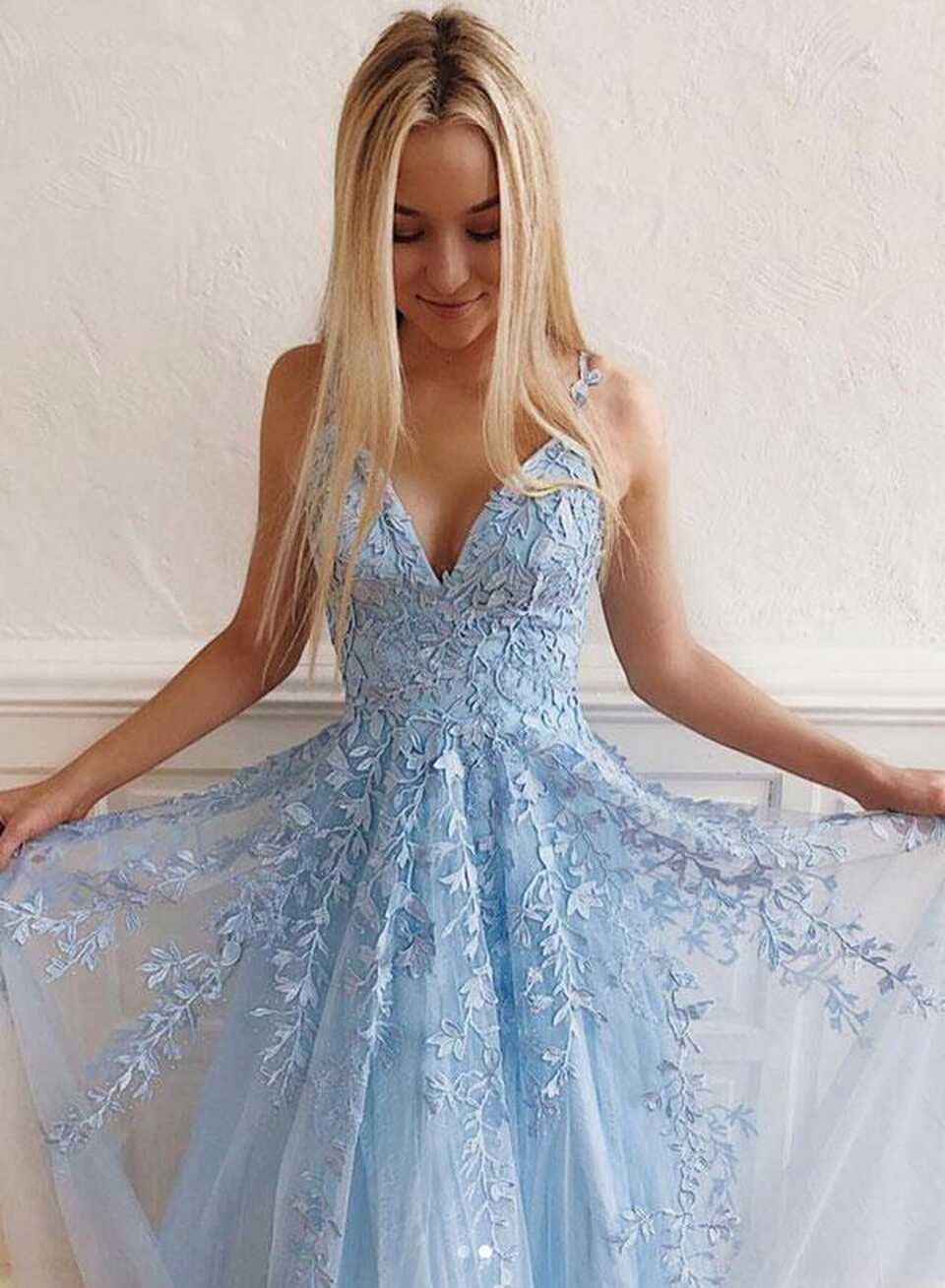 Sky Blue Lace Prom Dresses Long V Neck Rose Red Formal Dress ...