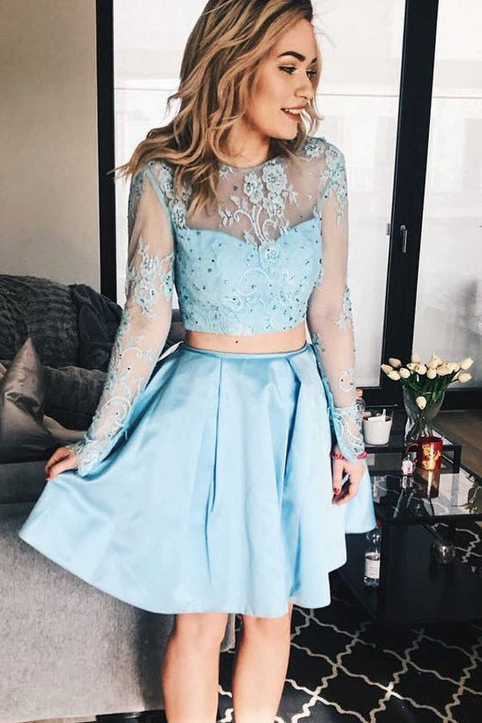 Sky Blue Long Sleeve See Through Two Piece Homecoming Dresses ...