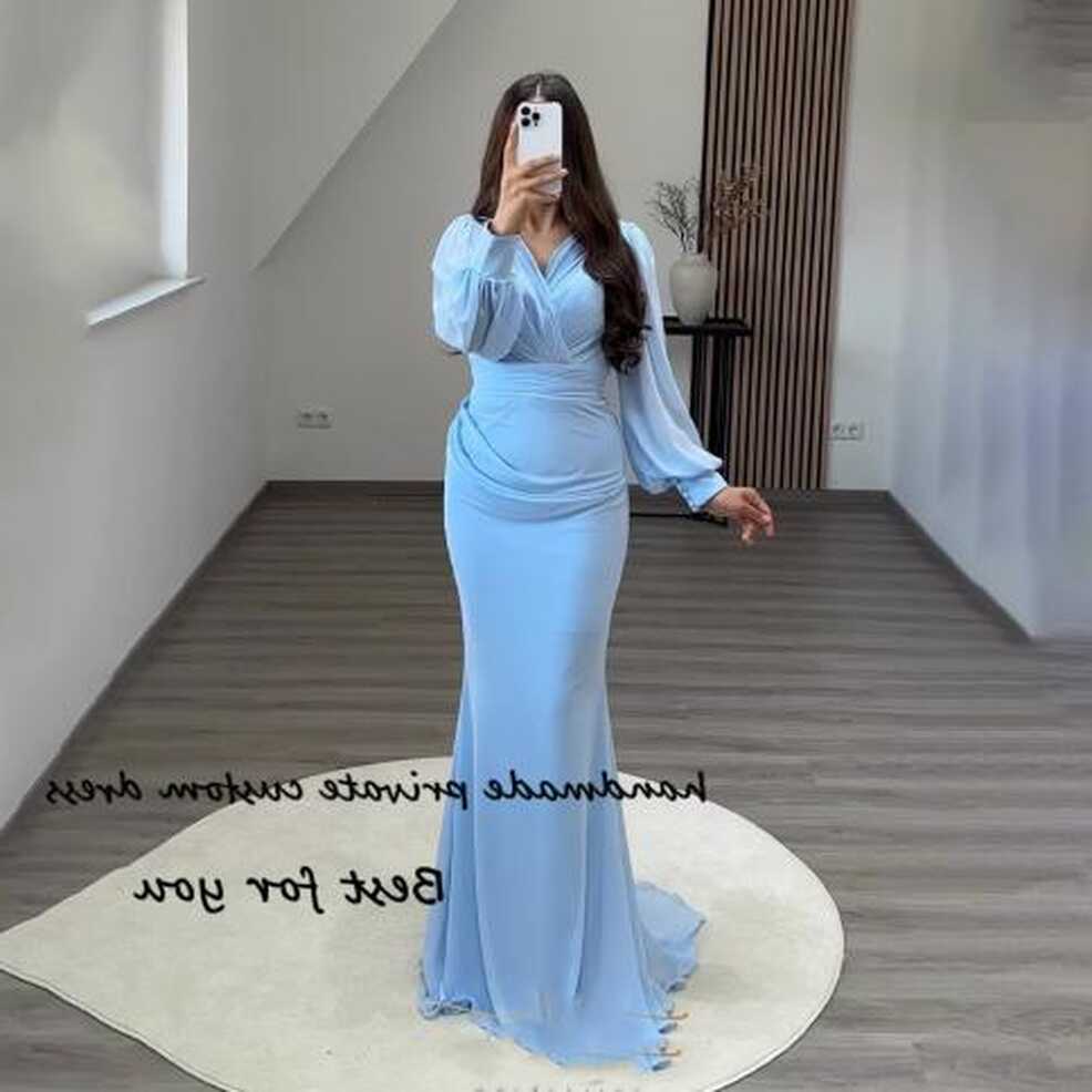 Sky Blue Mermaid Saudi Arabic Evening Dresses Long Sleeve Pleats ...