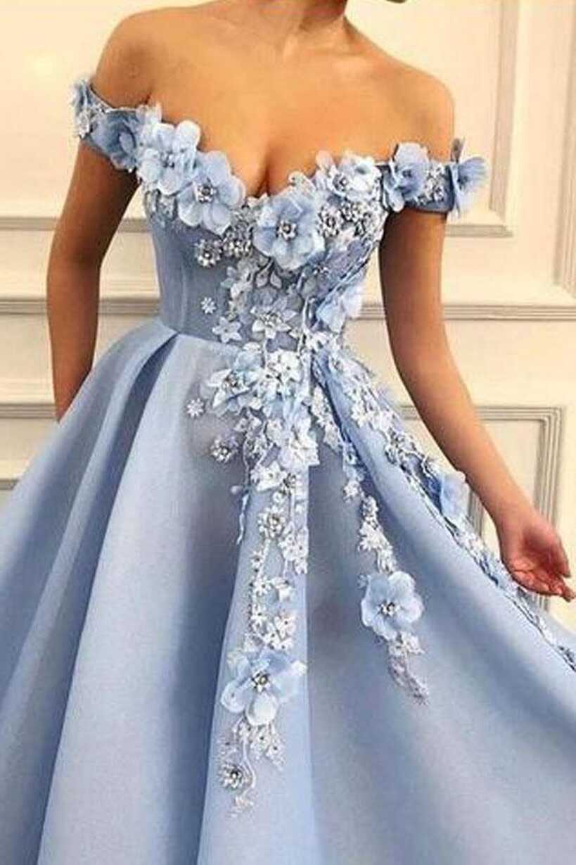 Sky Blue Off the Shoulder Flower Appliques Long Beautiful Prom ...