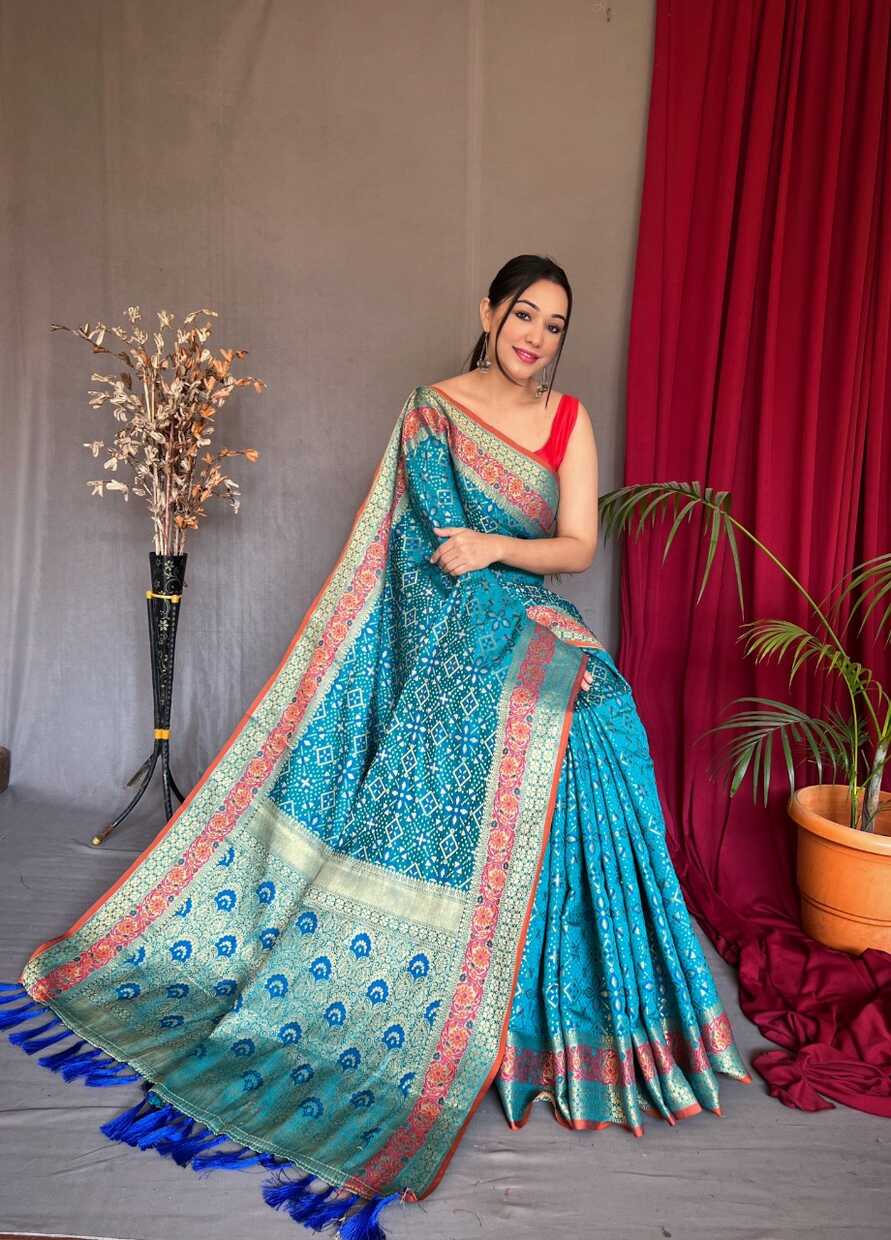 Sky Blue Patola Silk Saree with Meenakari Design - Monastoor ...