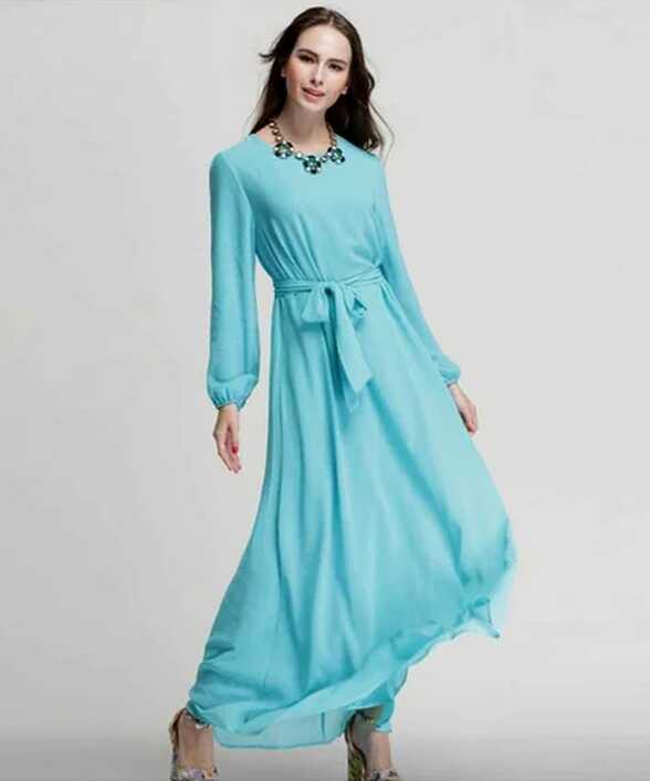 Sky Blue Plain Women Arabic Design Long Sleeve Lace Up Dress at Rs ...