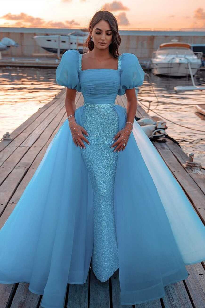 Sky Blue Princess Mermaid Evening Gowns with Sweep Train Short ...