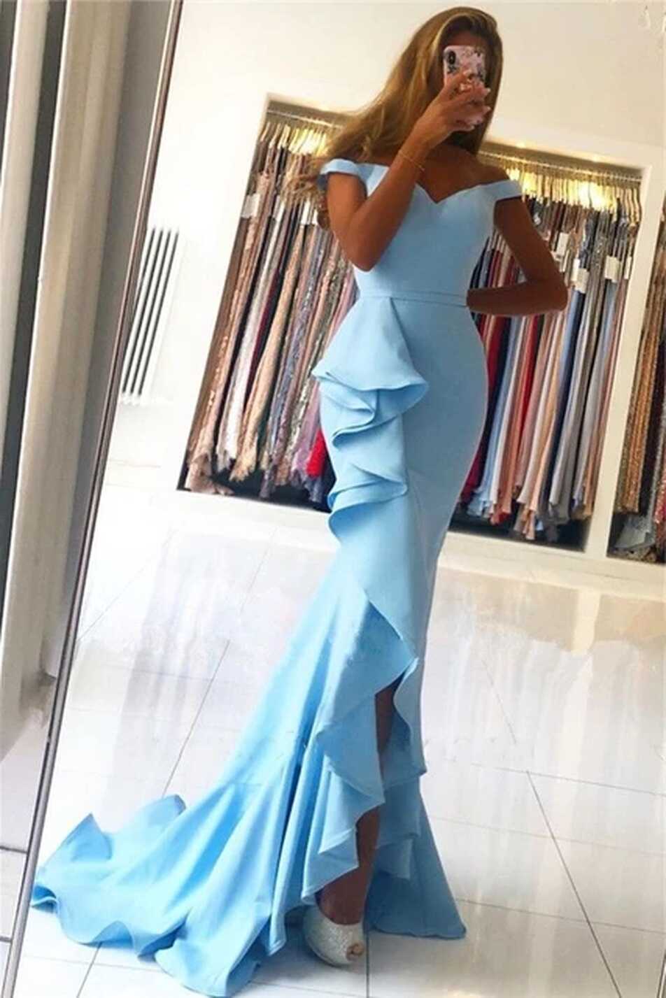 Sky Blue Prom Dresses Short Front Long Back Elastic Satin Off ...