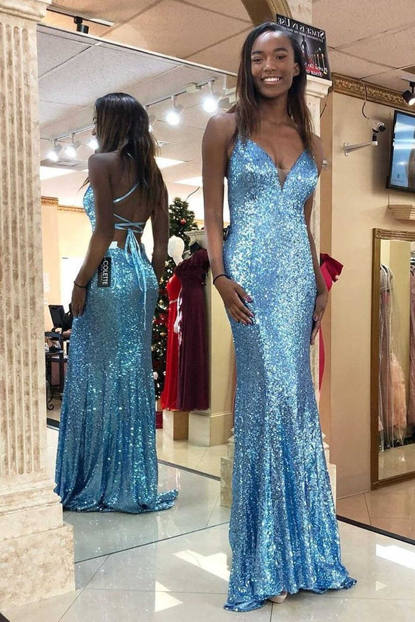 Sky Blue Sequin Sparkly Spaghetti Strap V Neck Prom Dresses,Formal ...