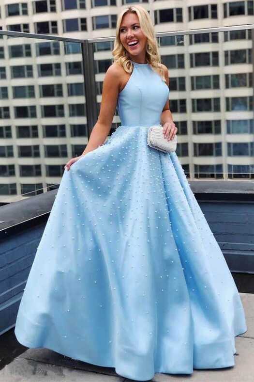 Sky Blue Simple Satin Long Prom Dresses Pearl Skirt Prom Dress ...