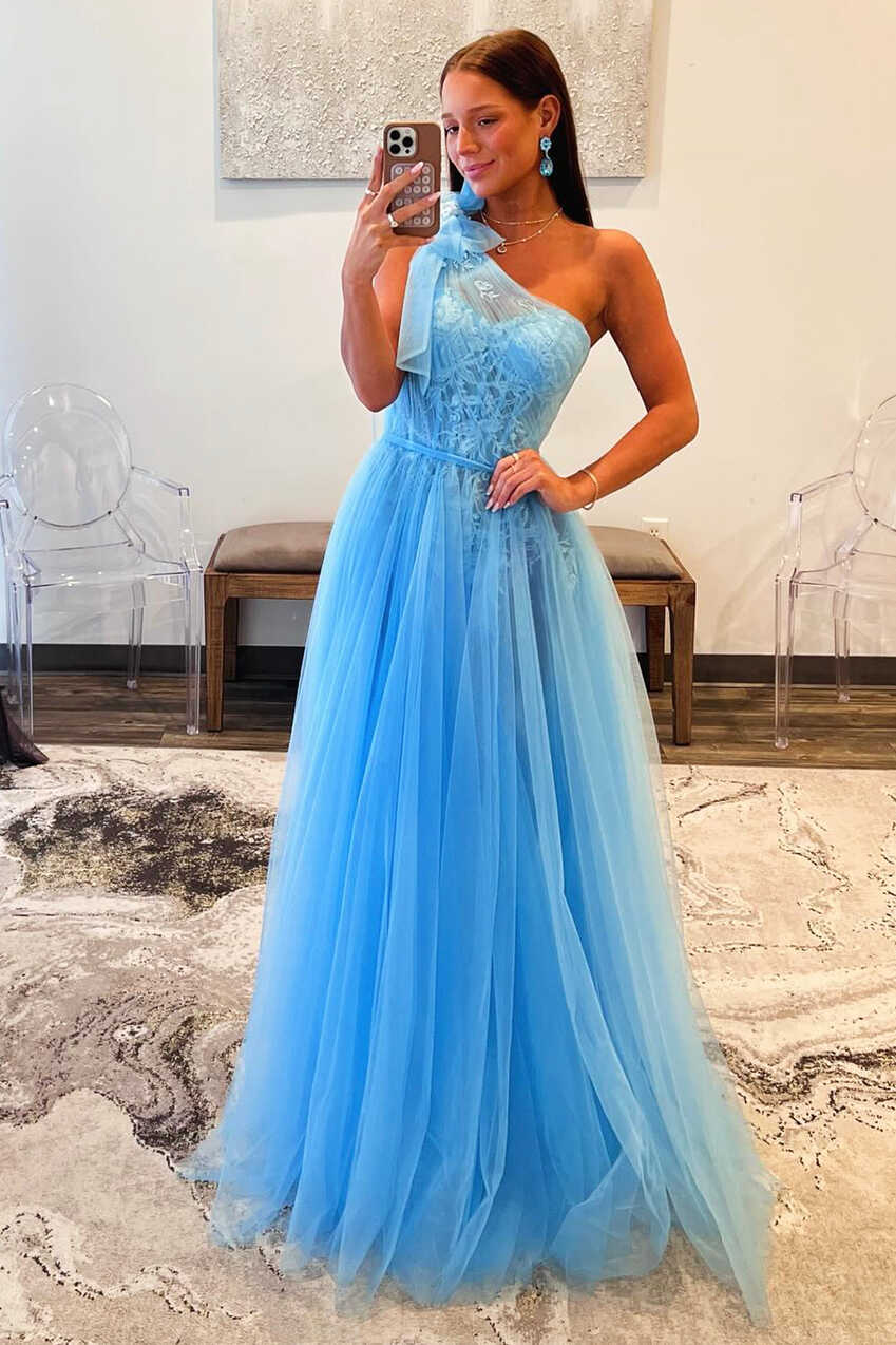 Sky Blue Tull Lace Long Prom Dress, Beautiful One Shoulder Evening Par