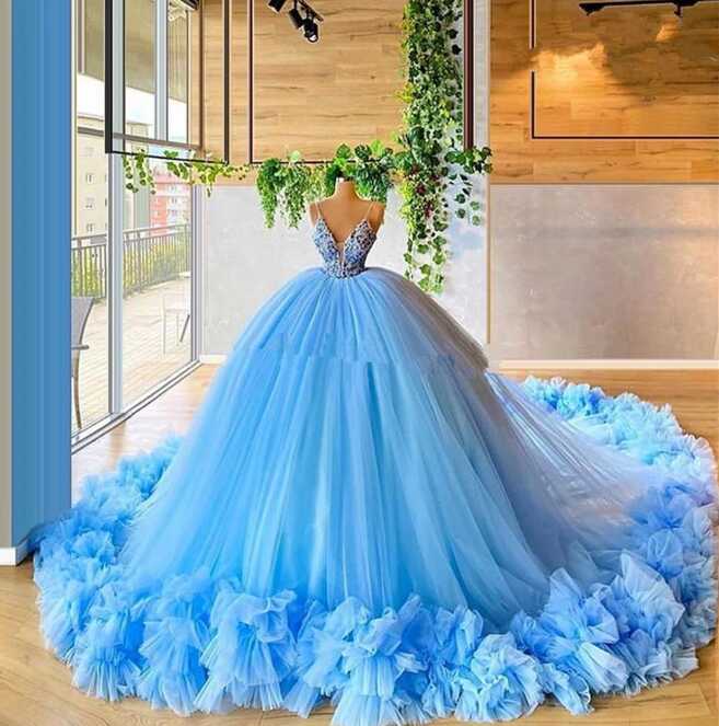 Sky Blue Tulle Puffy Prom Ball Dresses 2021 Spaghetti Straps Plus ...