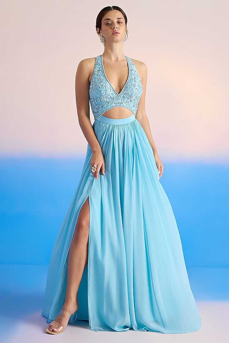 Sky Blue Viscose Crepe Backless Gown Design by Mirroir at Pernia&#39;s ...