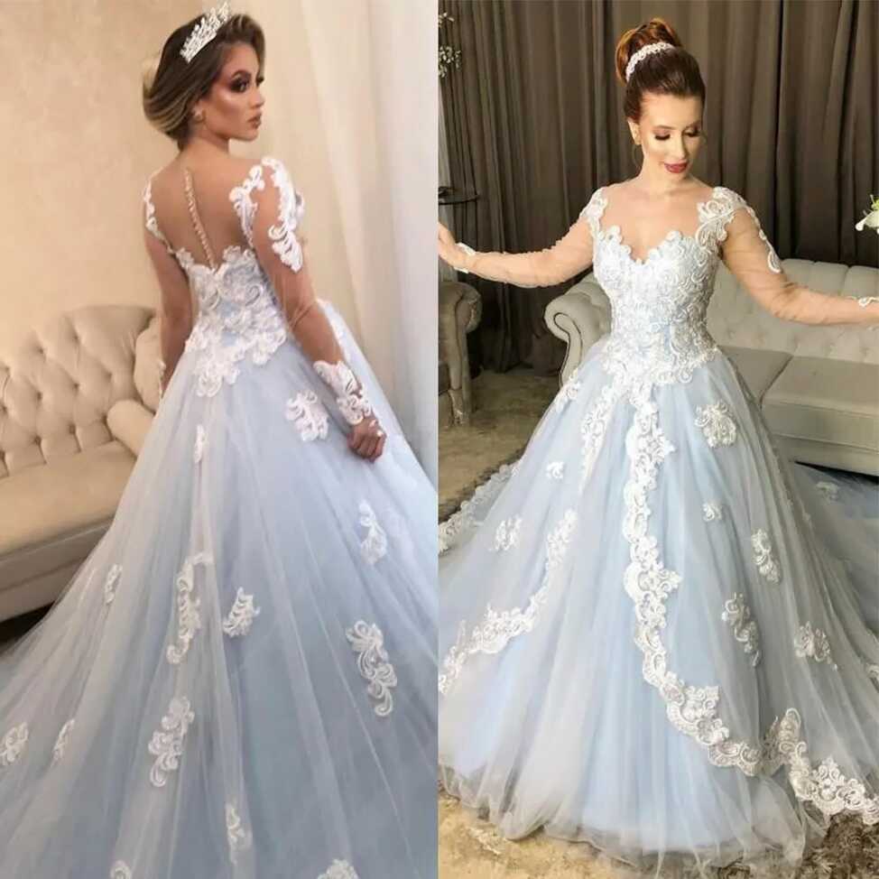 Sky Blue Wedding Dresses Long Sleeve Illusion Backless Lace ...