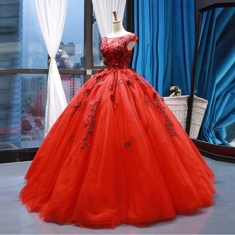 Sleeveless Bridal Ball Gown Red Lace Flowers Princess Wedding ...