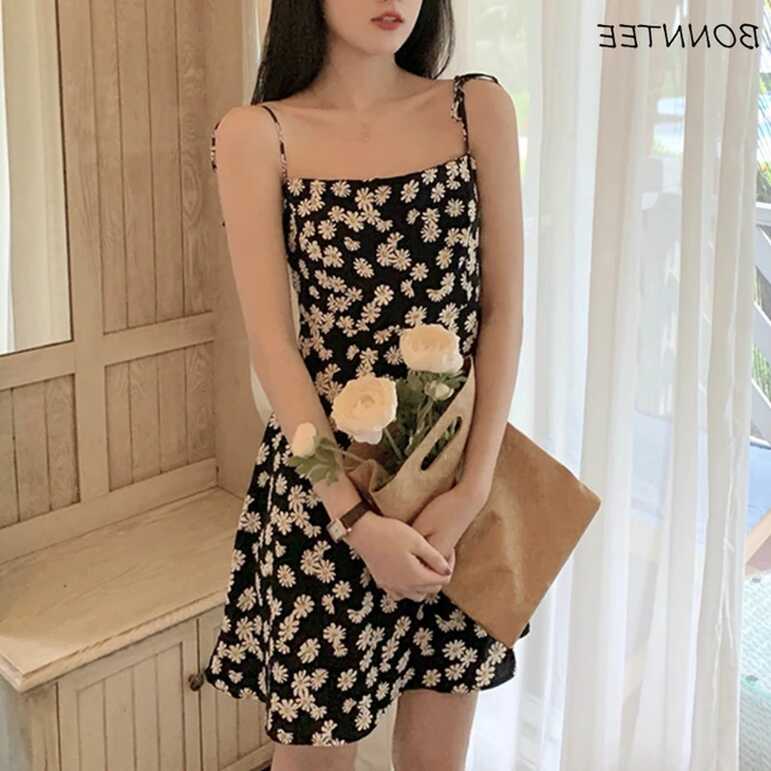 Sleeveless Dress Women Chic Korean Floral Summer Hot Mini Elegant ...