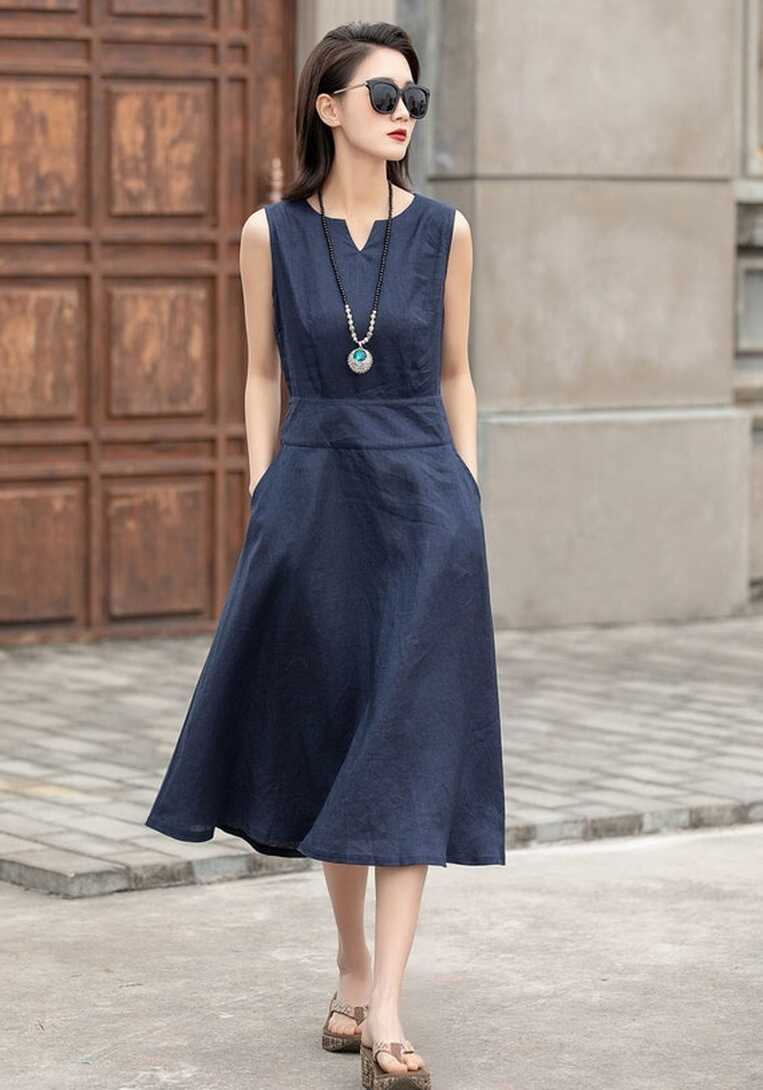 Sleeveless Linen Midi Dress, Casual Sun Dress, Linen Midi Dress ...