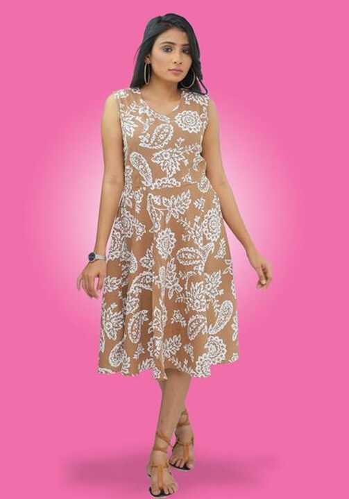 Sleeveless Linen Printed Designed Short frock-SunMart Lanka