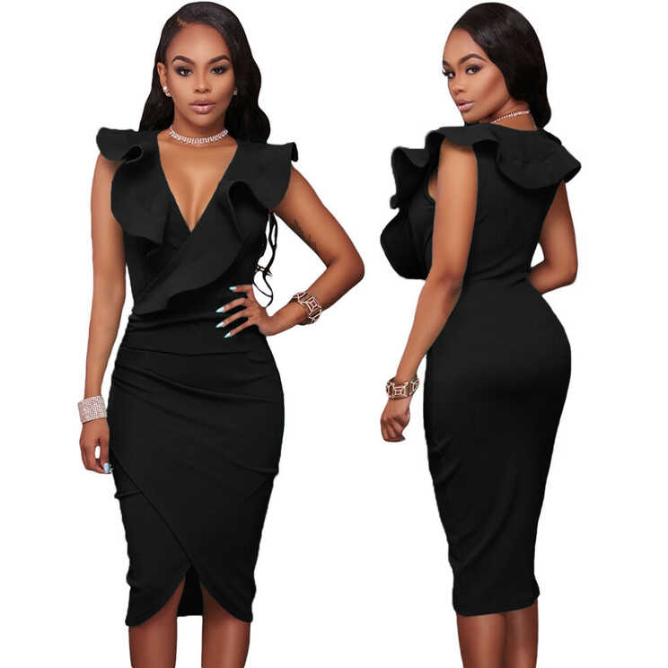 Sleeveless Ruffle V Neckline Midi Wrap Skirt Sexy Formal Party ...