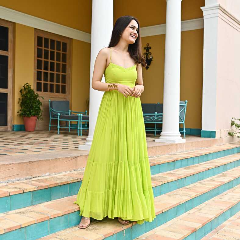 Slime Green Designer Georgette Backless Dress For Women Online ...