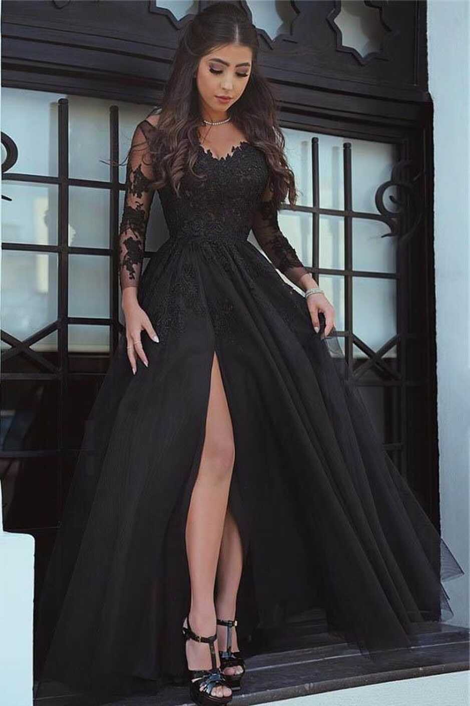 Slit Glamorous Lace Black Long-Sleeve Evening Dress Prom Dress ...