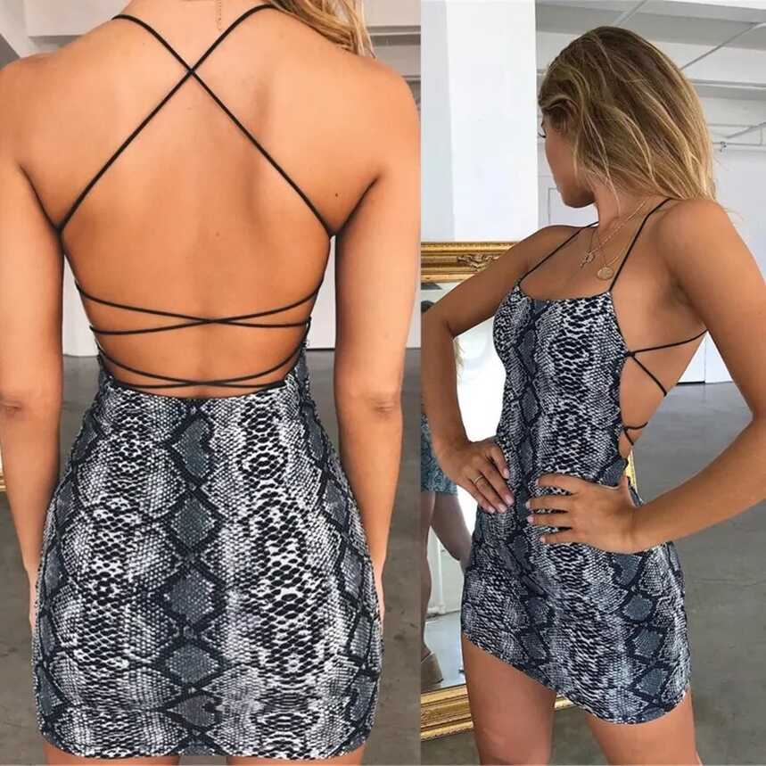 Snakeskin Print Halter Bodycon Dress Sexy Backless Dress Tight ...