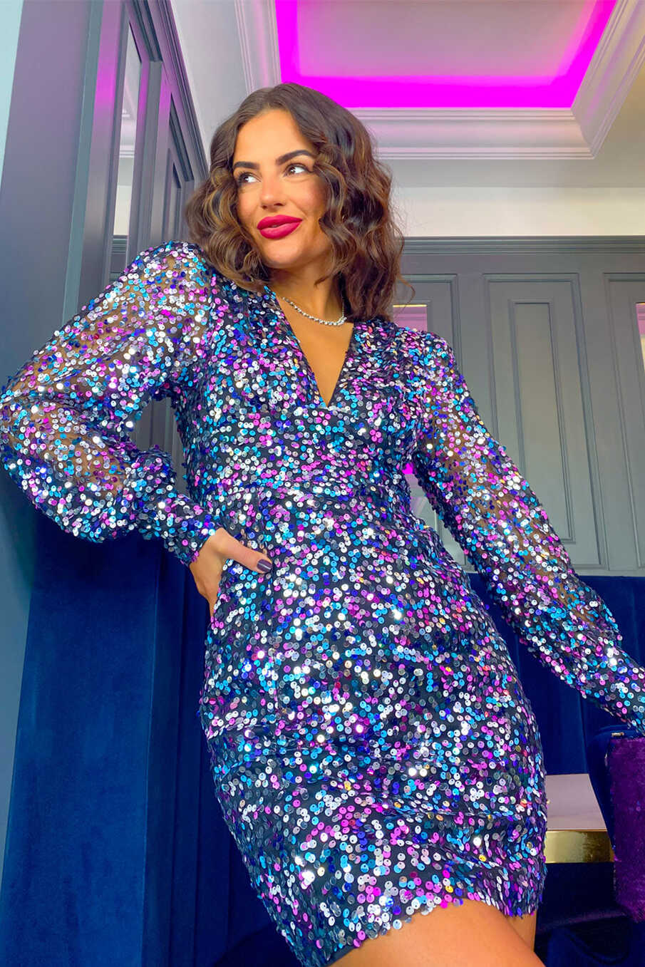 So Sensational - Pink Blue Sequin Long Sleeve Mini Dress – DLSB