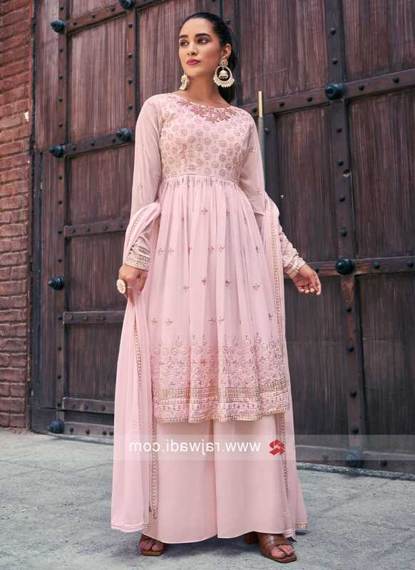 Soft Pink Embroidered Flared Kurti with Palazzo