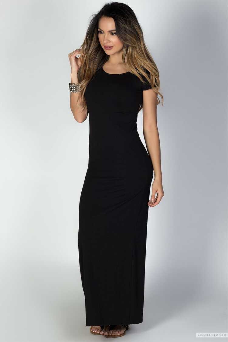 Solid Black Jersey Casual Long Summer Dress with Sleeves | Model ...